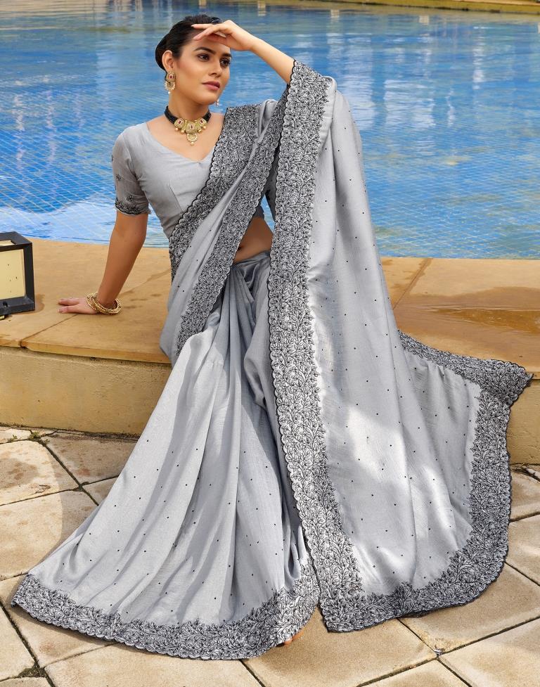 Grey Plain Silk Saree