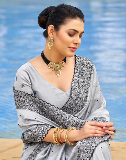 Grey Plain Silk Saree