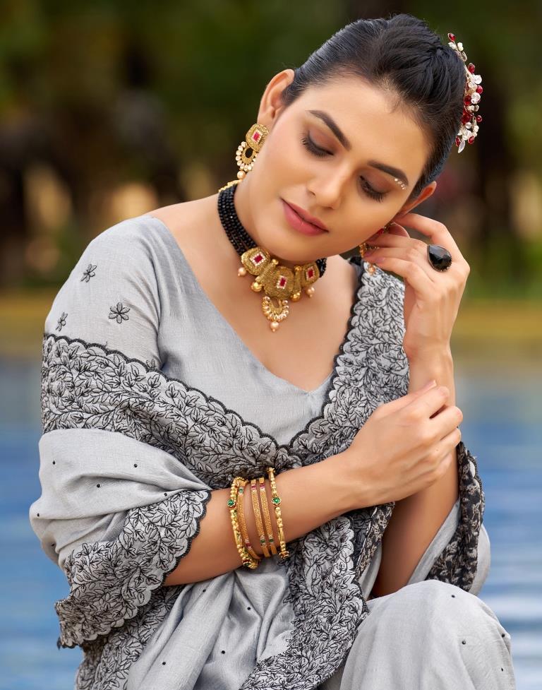 Grey Plain Silk Saree