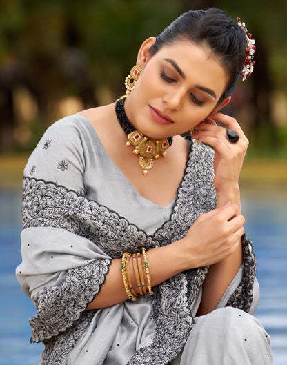 Grey Plain Silk Saree