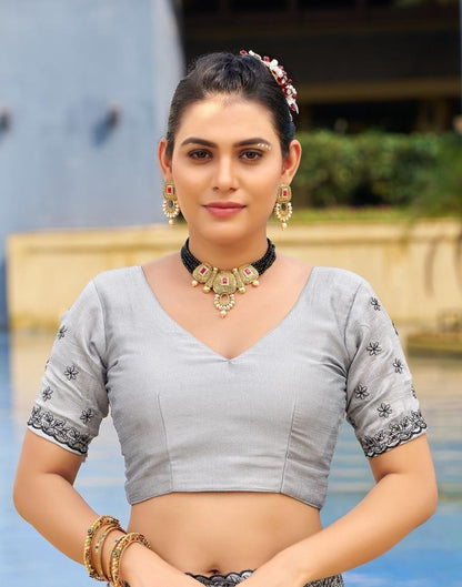 Grey Plain Silk Saree