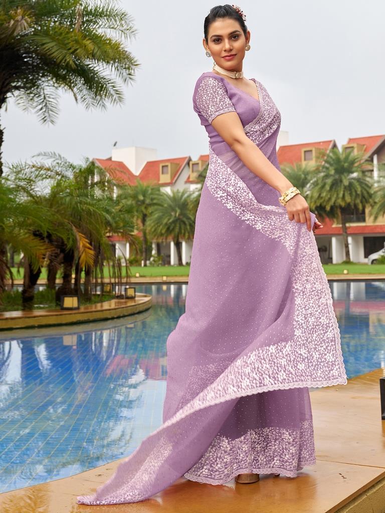 Light Purple Plain Chiffon Saree