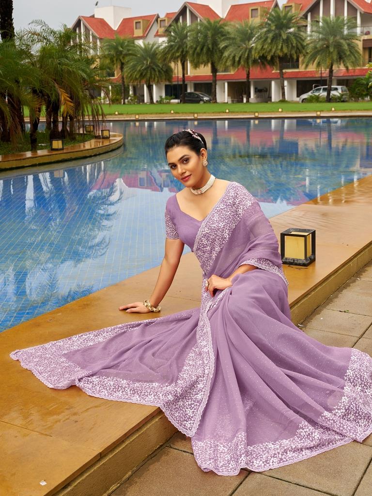 Light Purple Plain Chiffon Saree