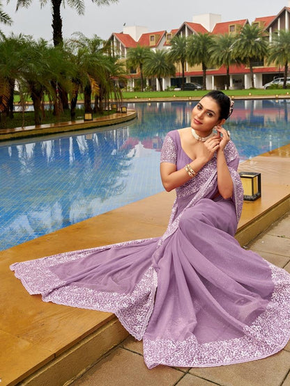 Light Purple Plain Chiffon Saree