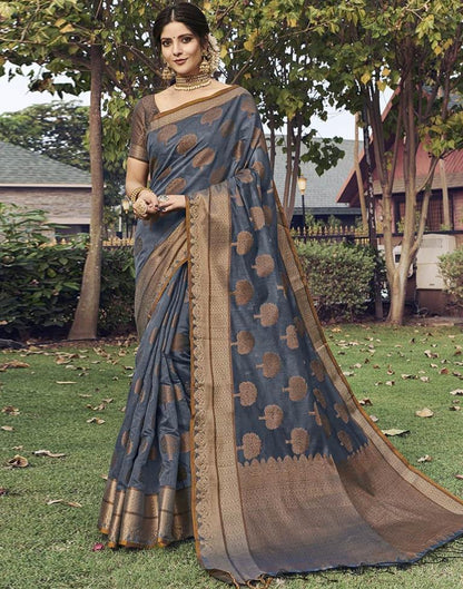 Grey Jacquard Cotton Saree