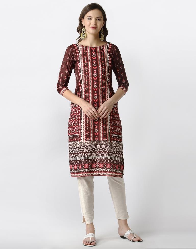 Bewitching Brown Coloured Digital Printed Crepe Kurti | Leemboodi