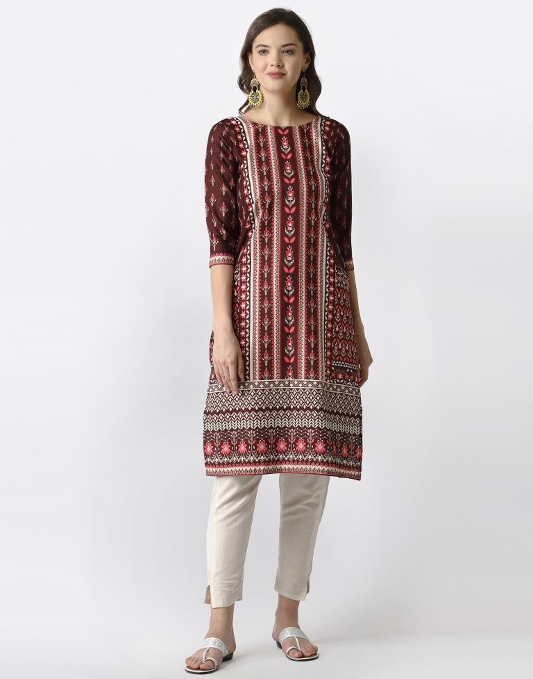 Bewitching Brown Coloured Digital Printed Crepe Kurti | Leemboodi