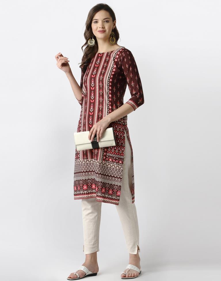 Bewitching Brown Coloured Digital Printed Crepe Kurti | Leemboodi