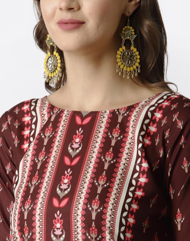 Bewitching Brown Coloured Digital Printed Crepe Kurti | Leemboodi