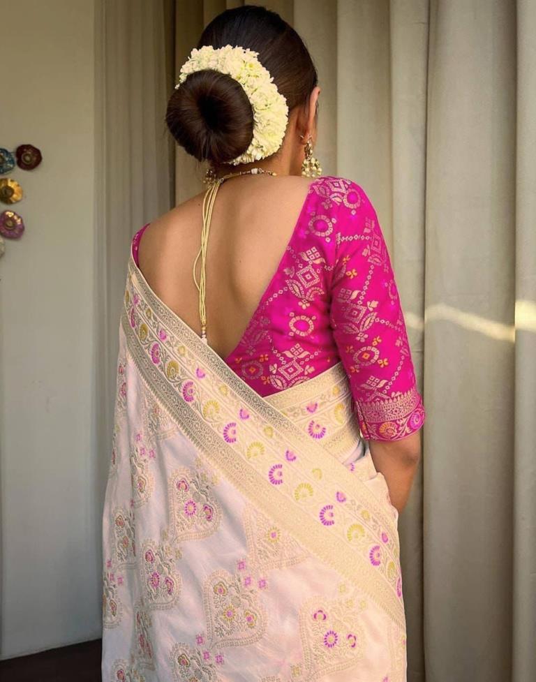Off White Jacquard Silk Saree