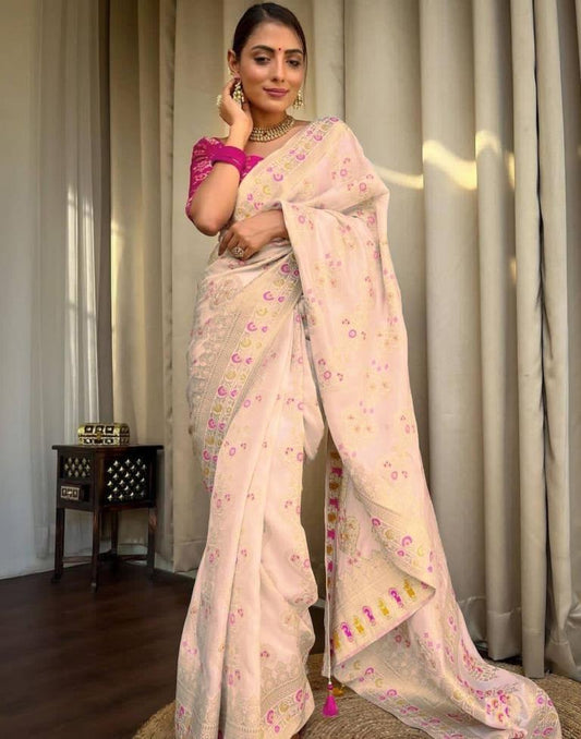 Off White Jacquard Silk Saree