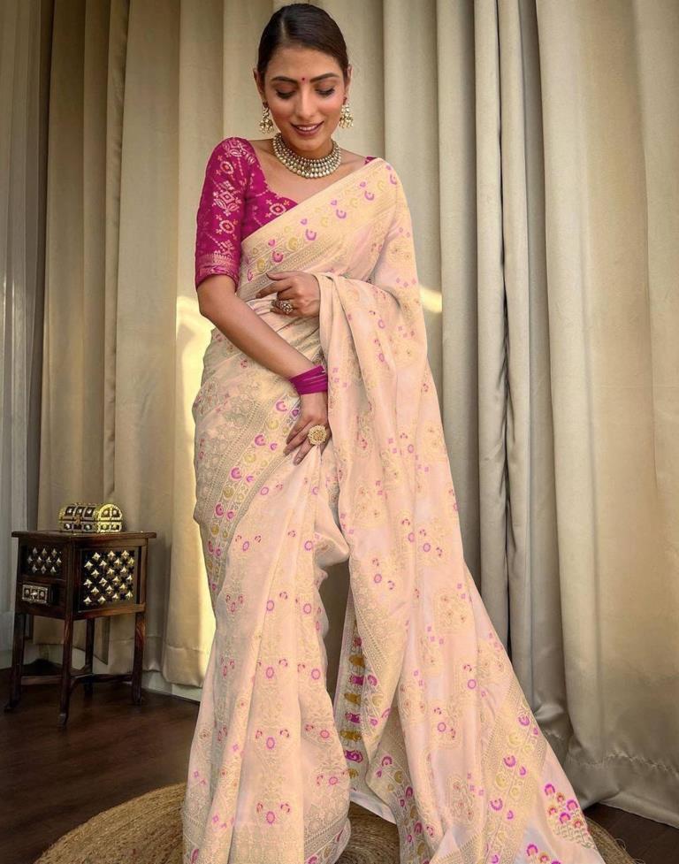 Off White Jacquard Silk Saree