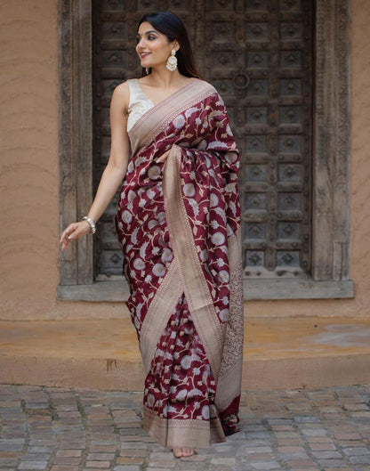Maroon Jacquard Silk Saree