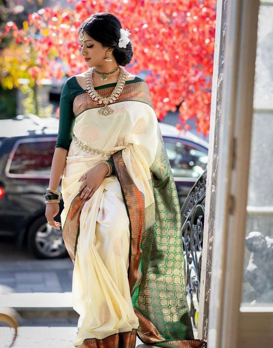 Off White Jacquard Silk Saree