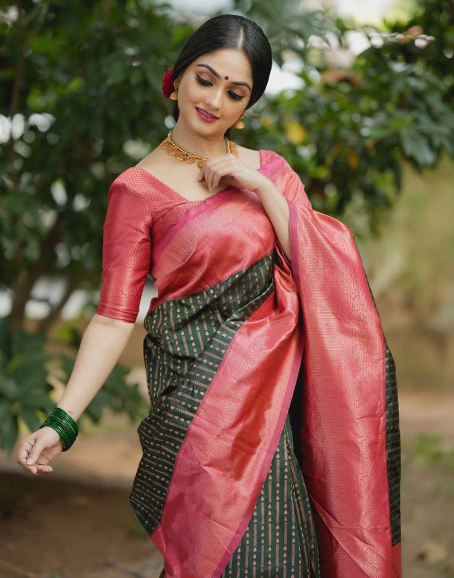 Dark Green Jacquard Silk Saree