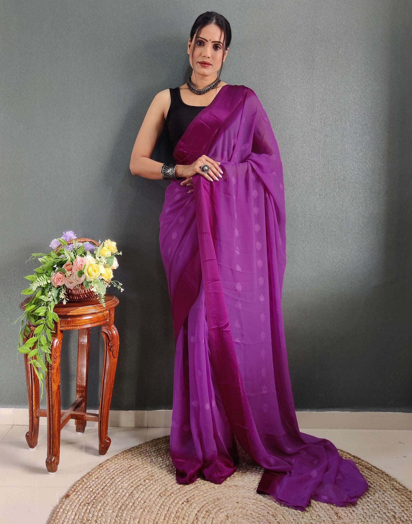 Ready to Wear Magenta Woven Georgette Saree