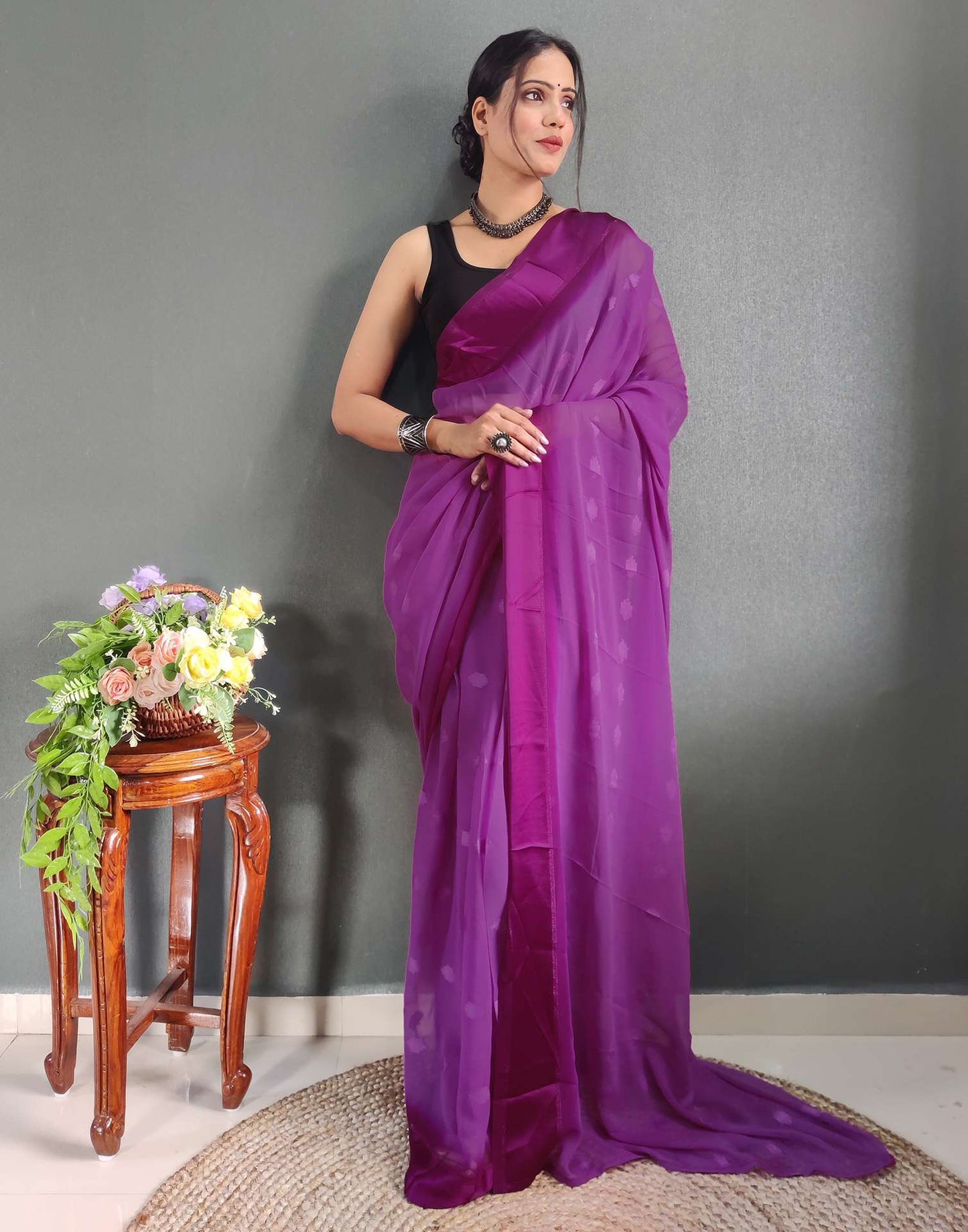 Ready to Wear Magenta Woven Georgette Saree