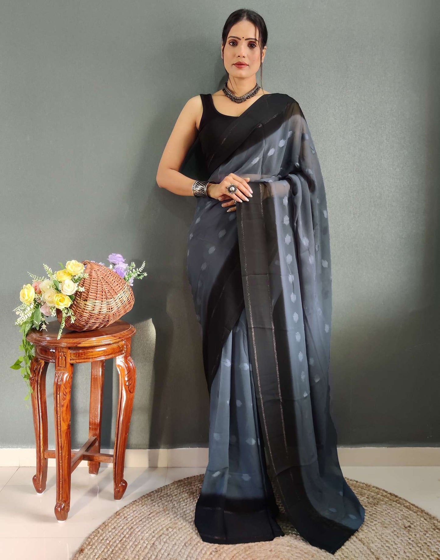 Ready to Wear Black Woven Georgette Saree