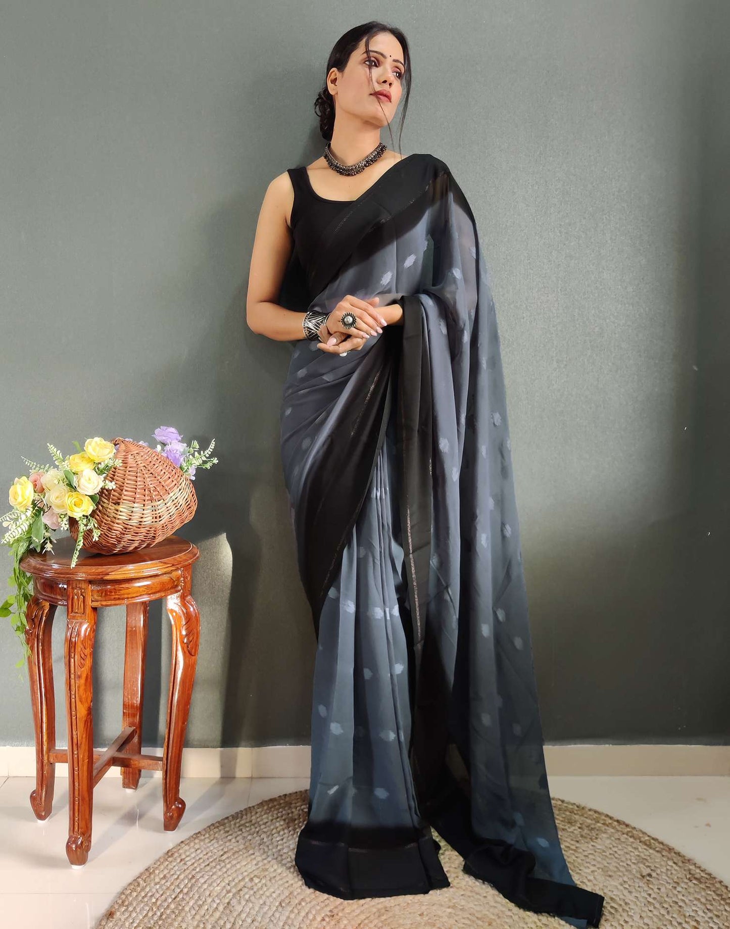 Ready to Wear Black Woven Georgette Saree