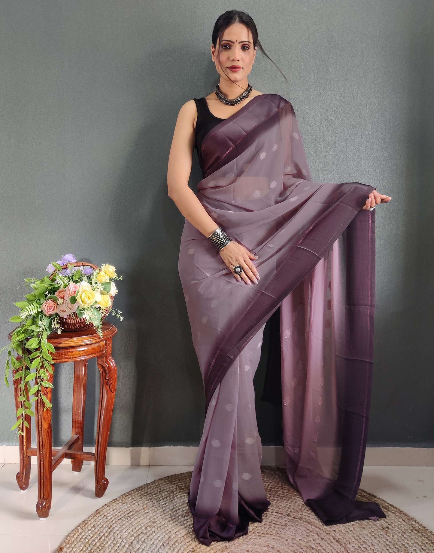 Ready to Wear Light Brown Woven Georgette Saree