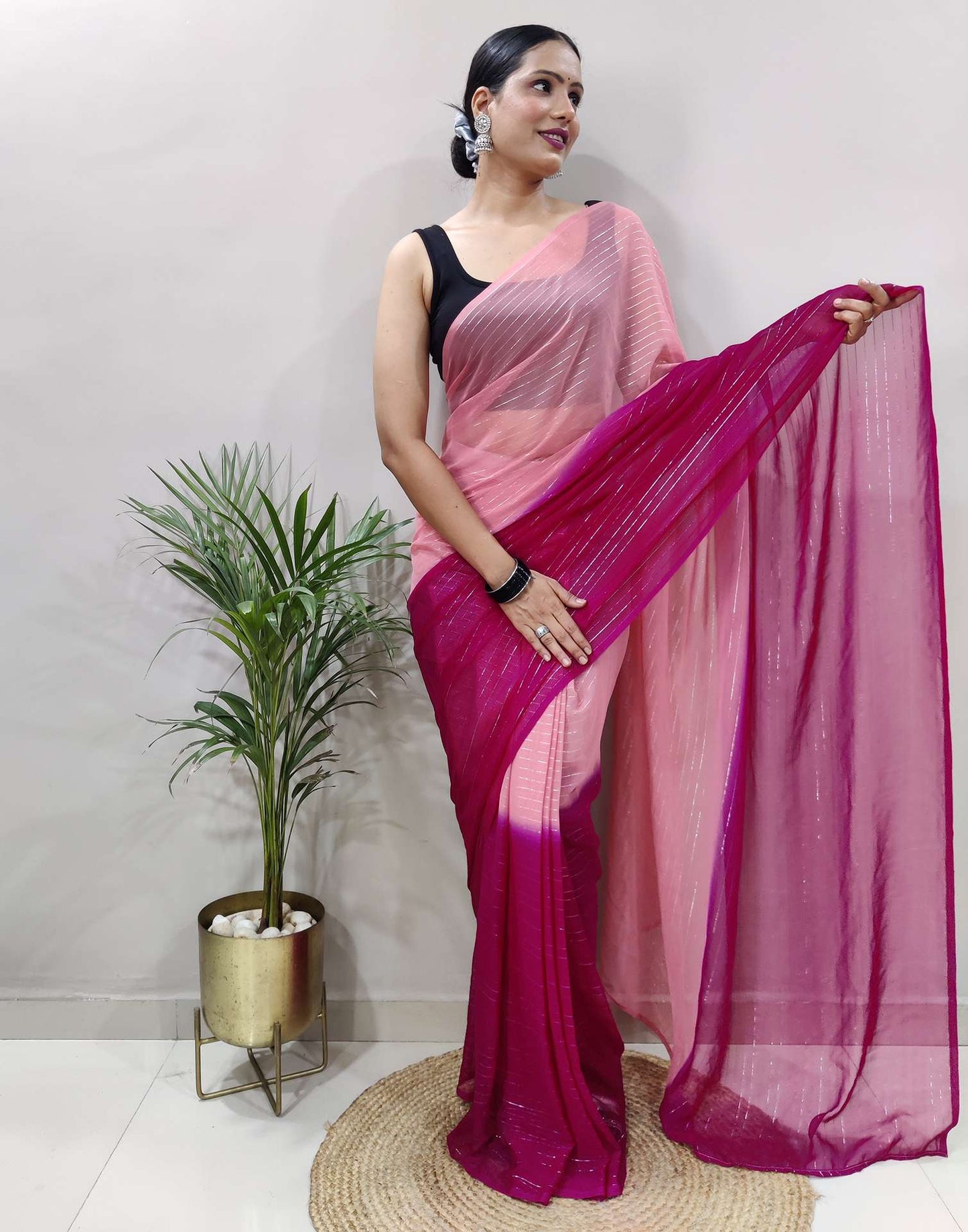Ready to Wear Pink Woven Georgette Saree