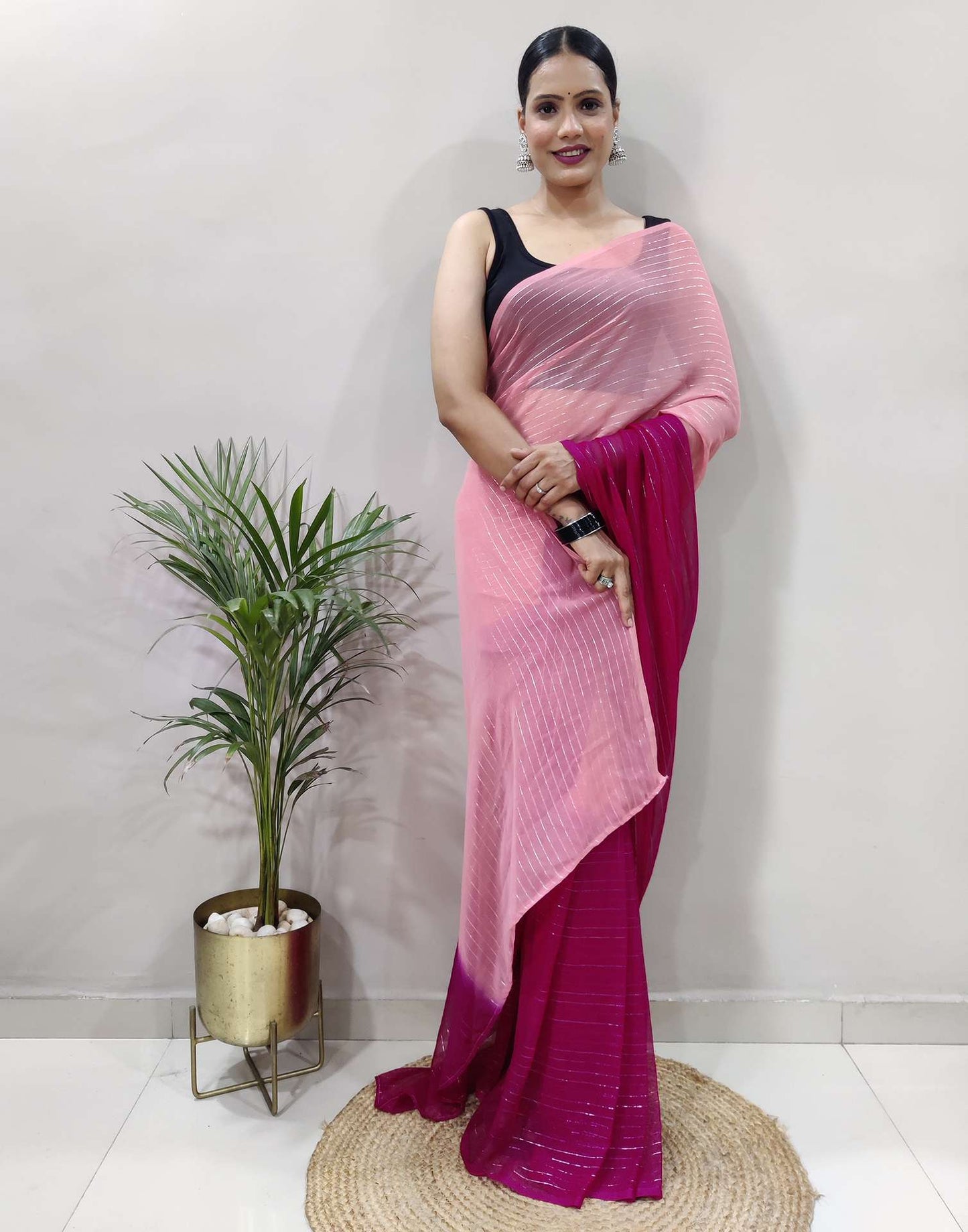 Ready to Wear Pink Woven Georgette Saree