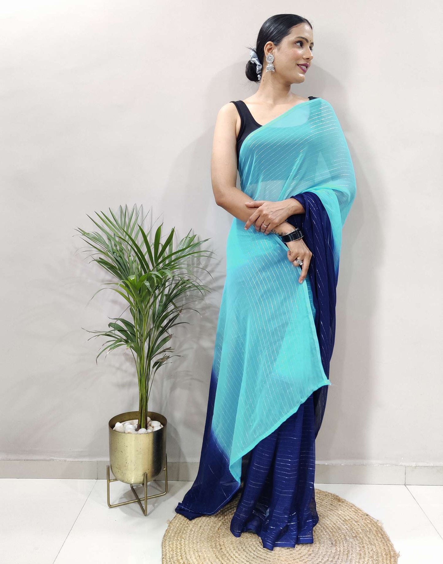 Ready to Wear Blue Woven Georgette Saree