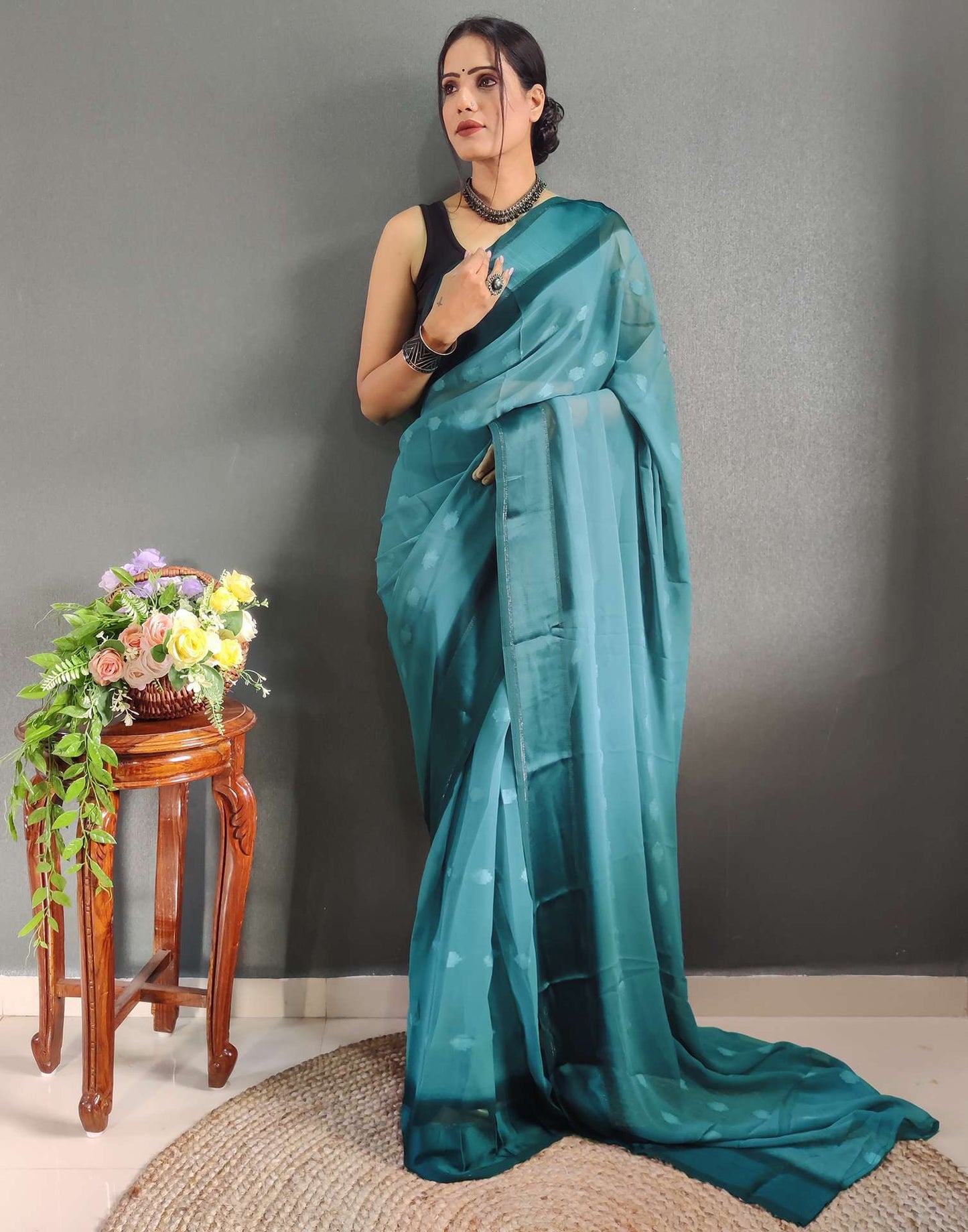 Ready to Wear Blue Woven Georgette Saree