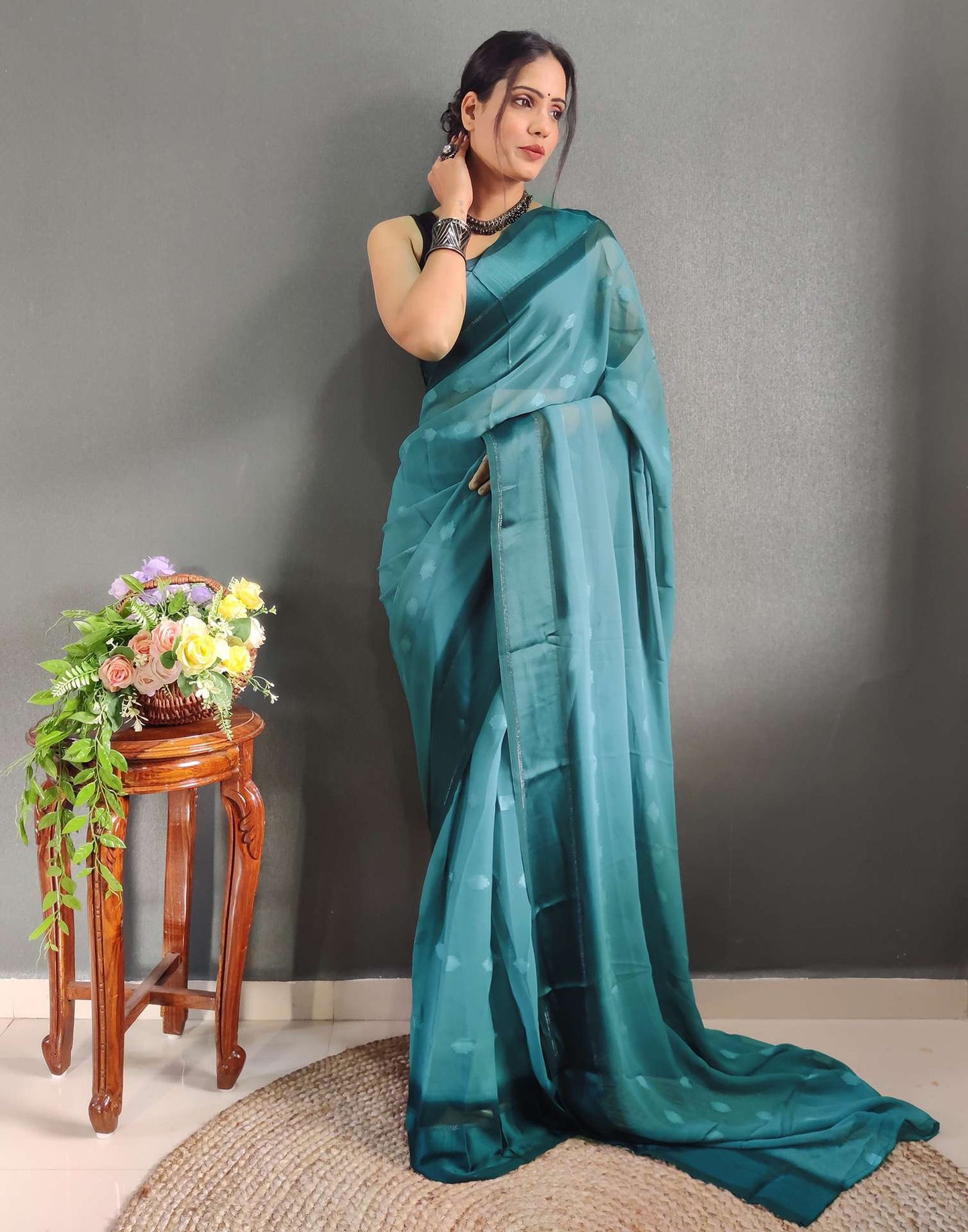 Ready to Wear Blue Woven Georgette Saree