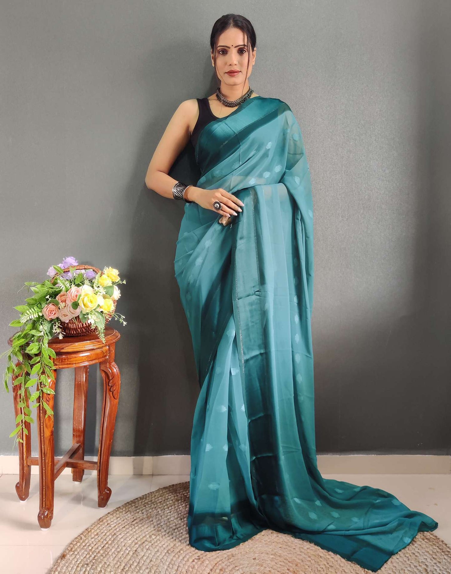 Ready to Wear Blue Woven Georgette Saree