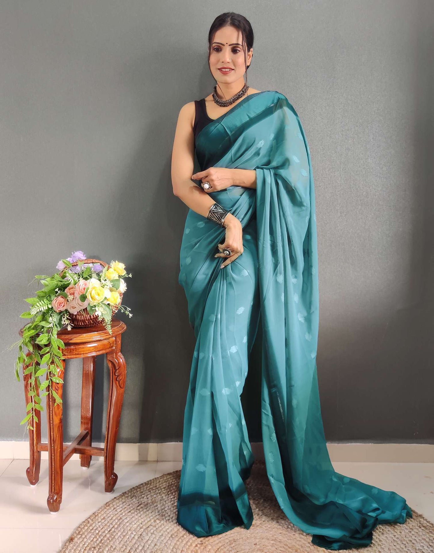 Ready to Wear Blue Woven Georgette Saree