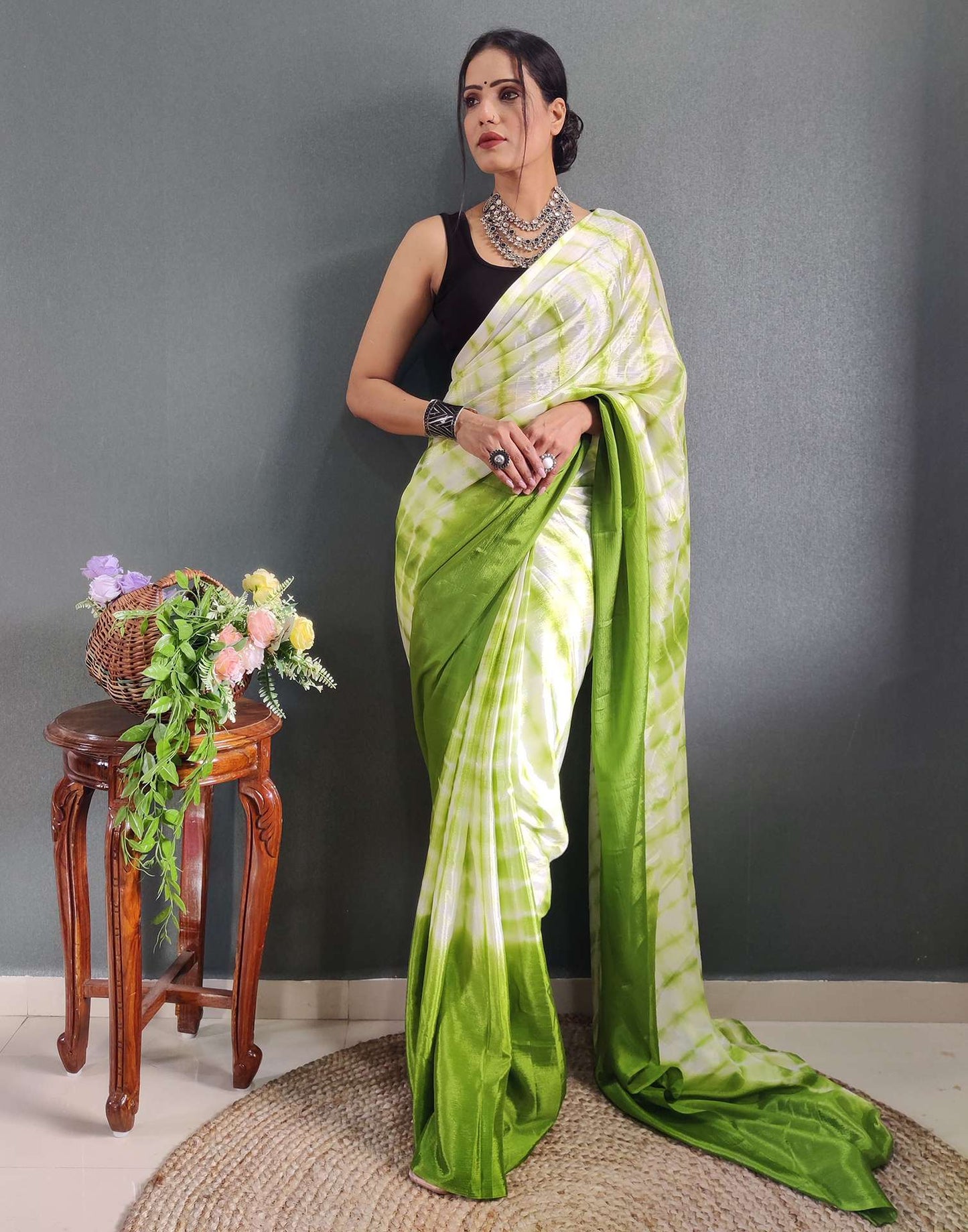 Ready to Wear Light Green Printed Silk Saree