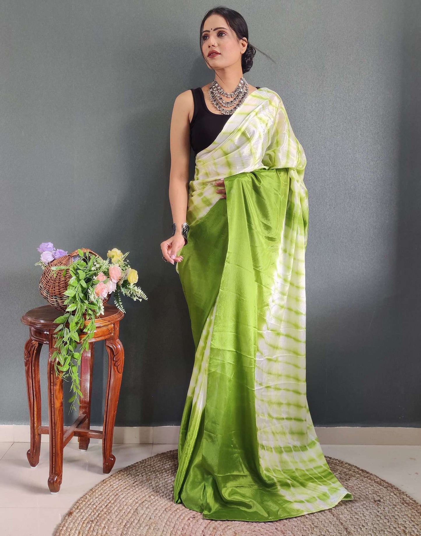 Ready to Wear Light Green Printed Silk Saree
