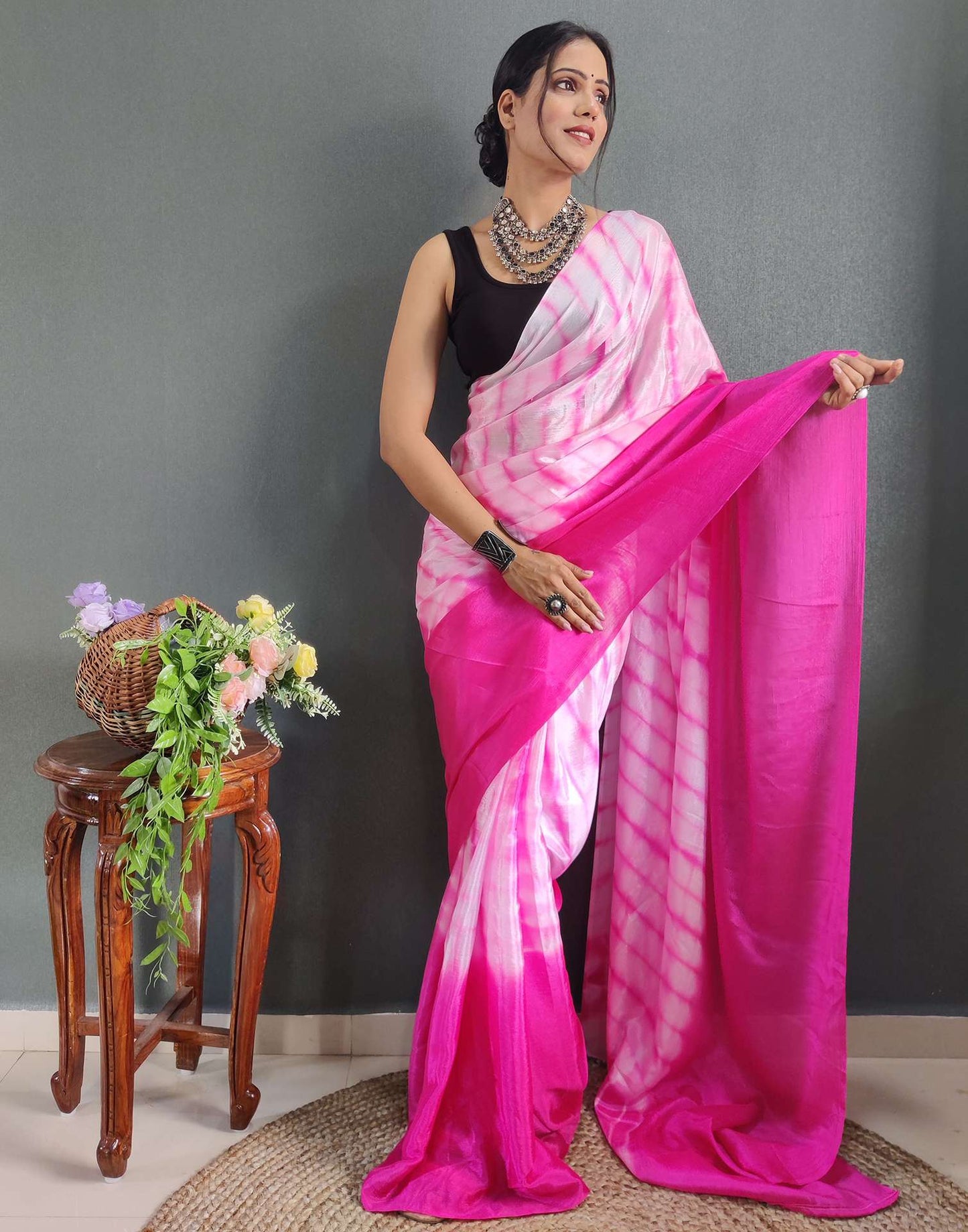 Ready to Wear Light Pink Printed Silk Saree