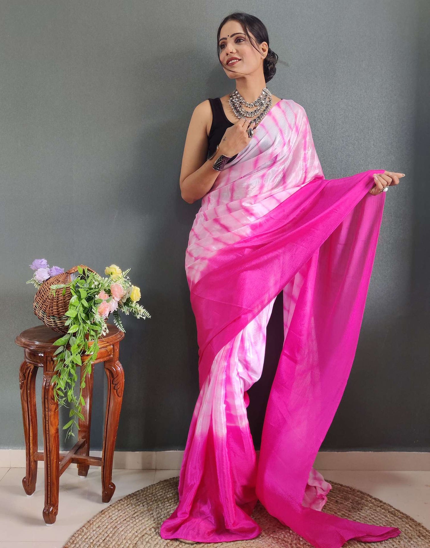 Ready to Wear Light Pink Printed Silk Saree