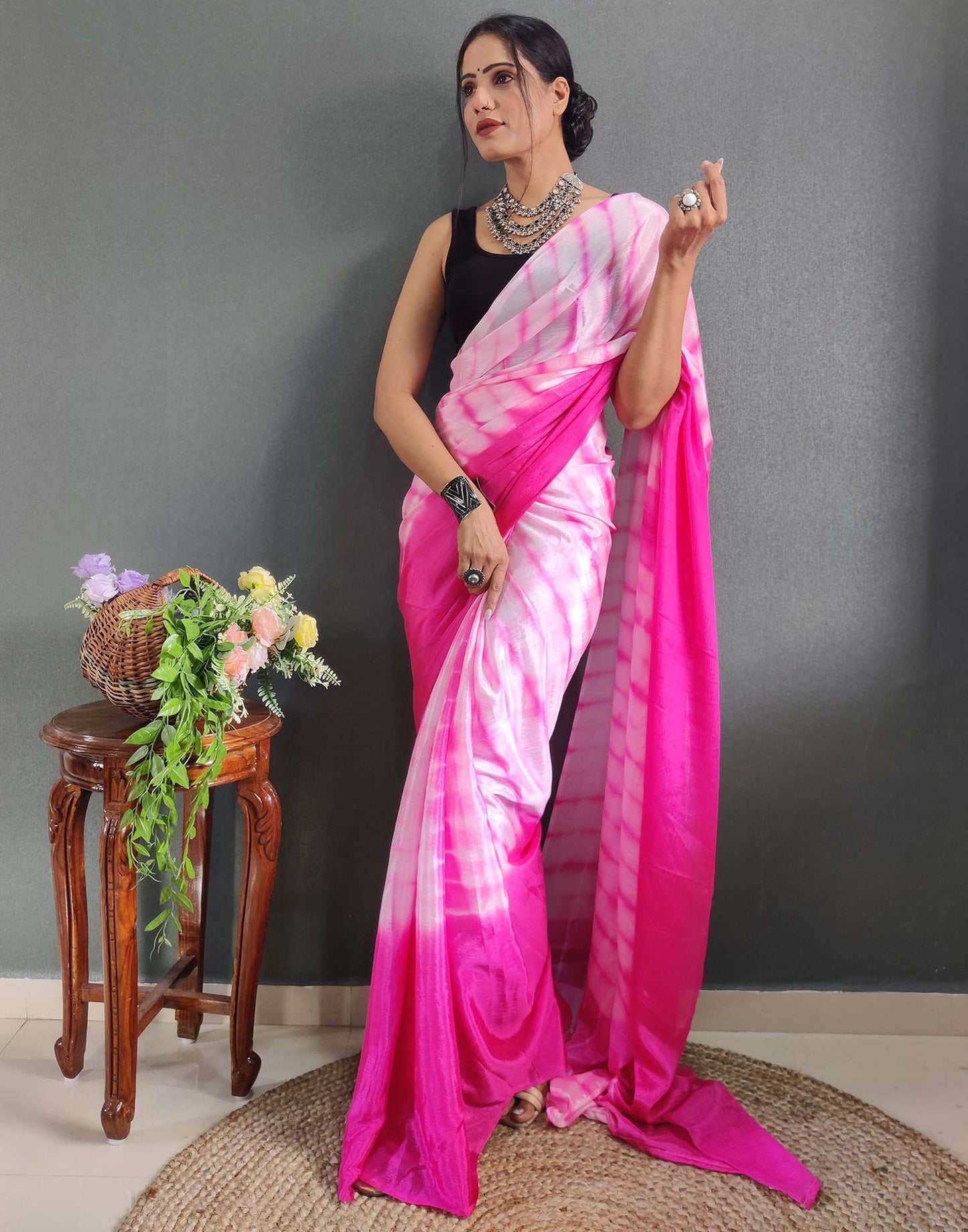 Ready to Wear Light Pink Printed Silk Saree