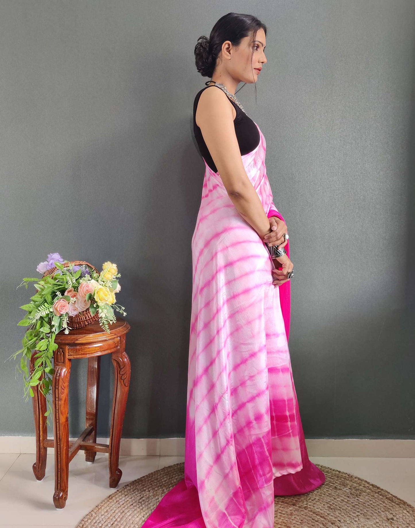 Ready to Wear Light Pink Printed Silk Saree