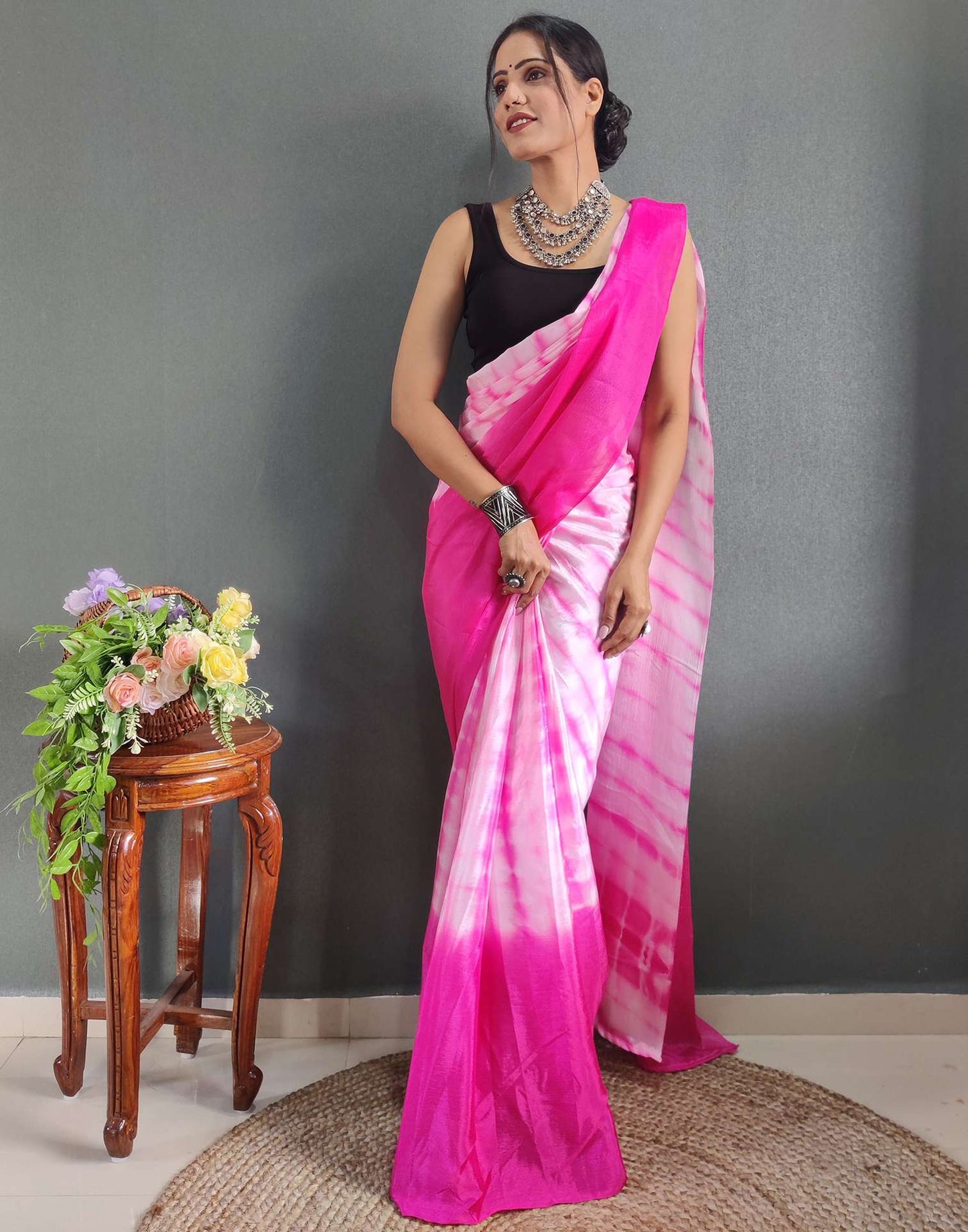 Ready to Wear Light Pink Printed Silk Saree