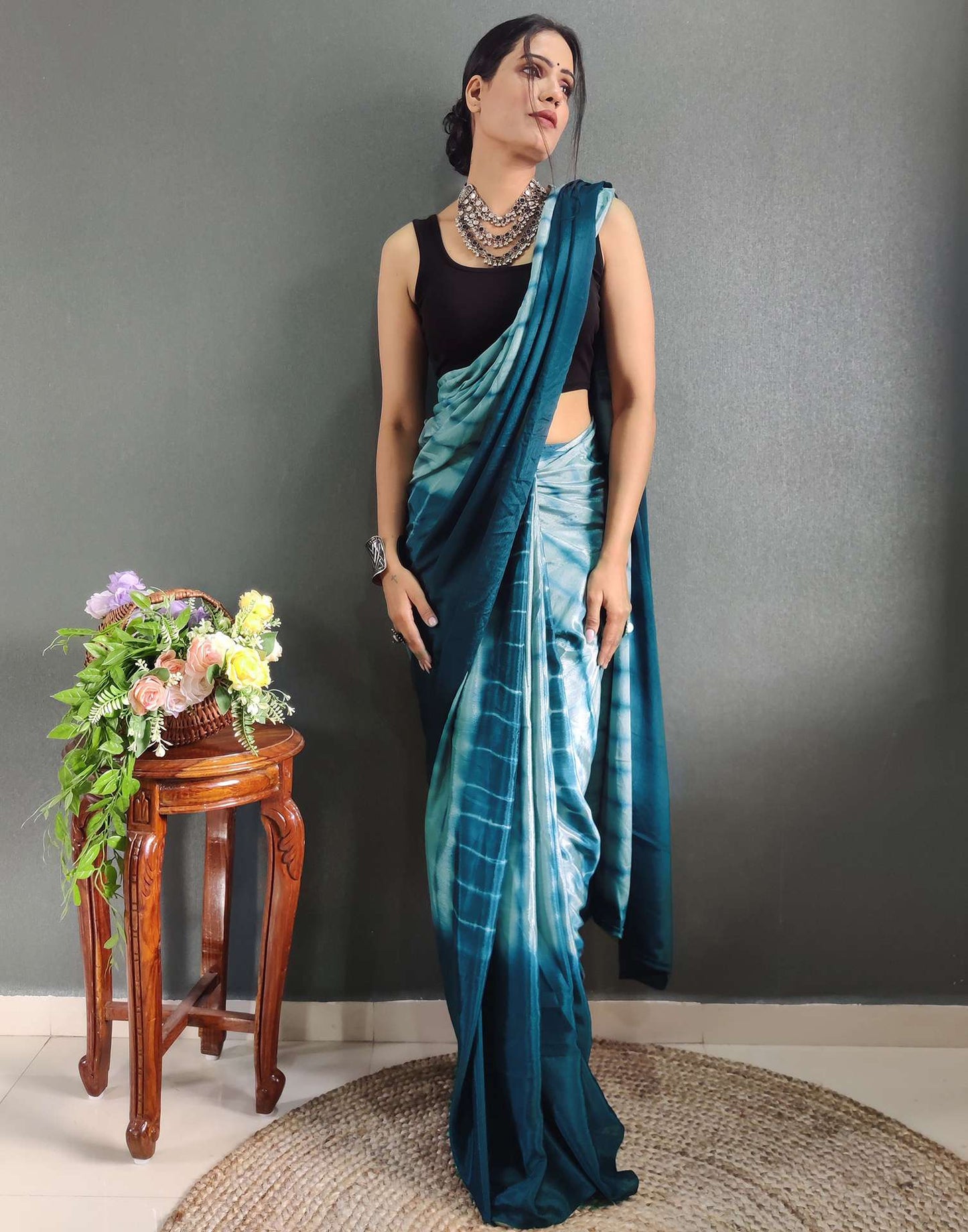 Ready to Wear Mint Grey Printed Silk Saree
