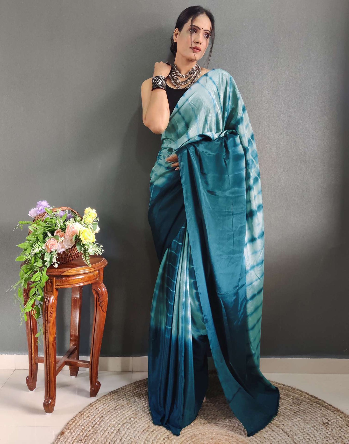 Ready to Wear Mint Grey Printed Silk Saree