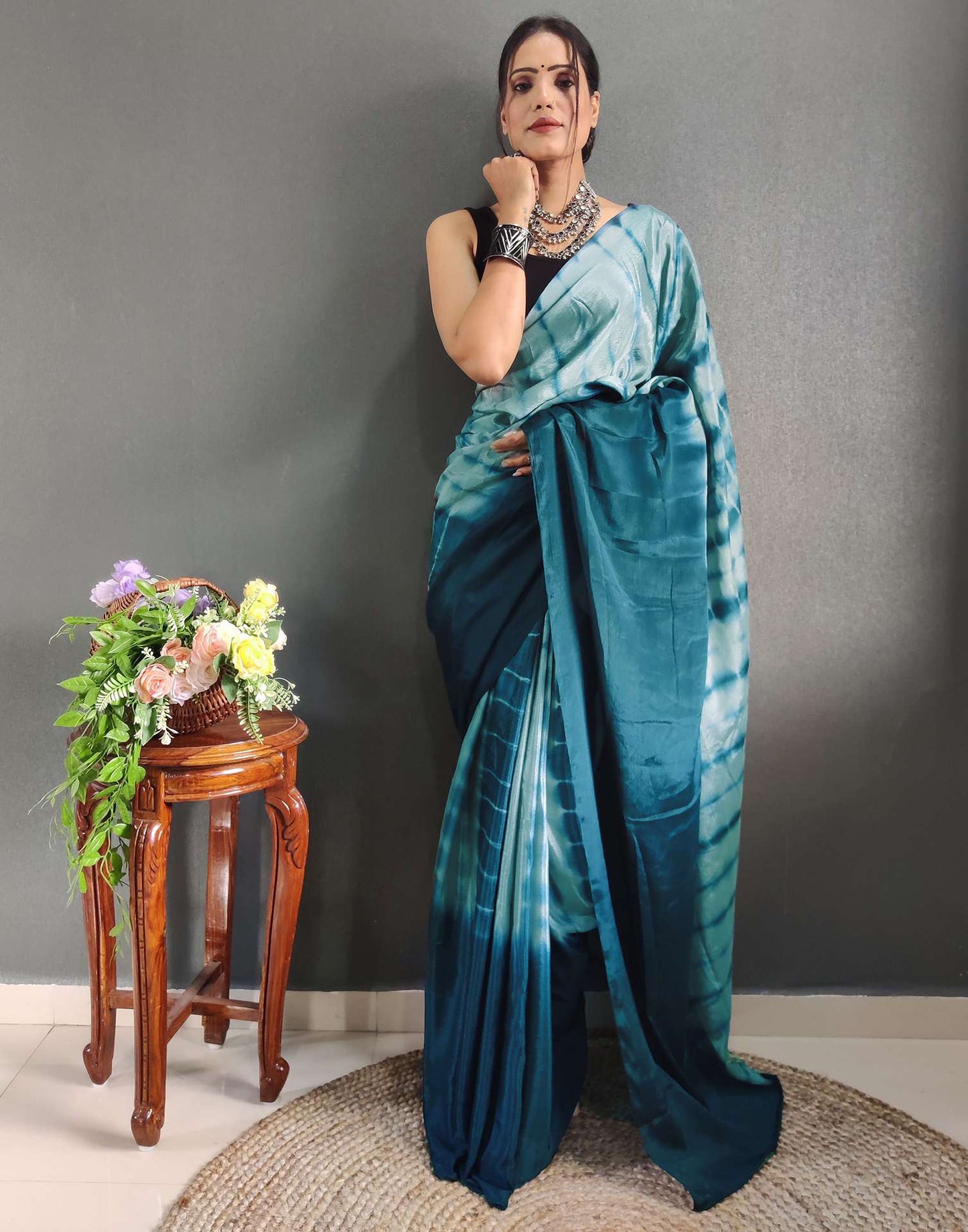 Ready to Wear Mint Grey Printed Silk Saree