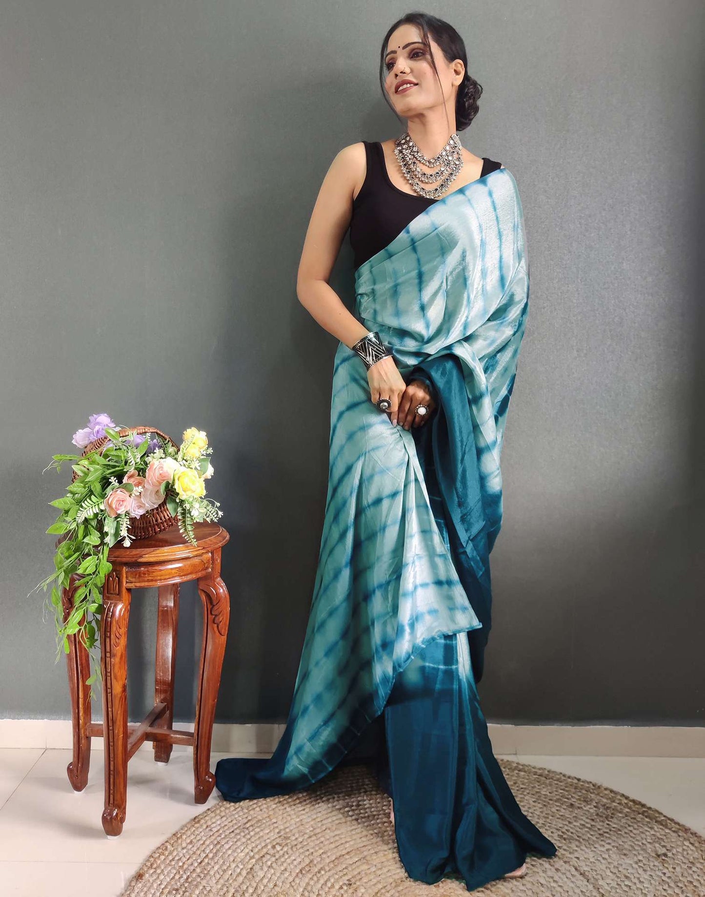 Ready to Wear Mint Grey Printed Silk Saree