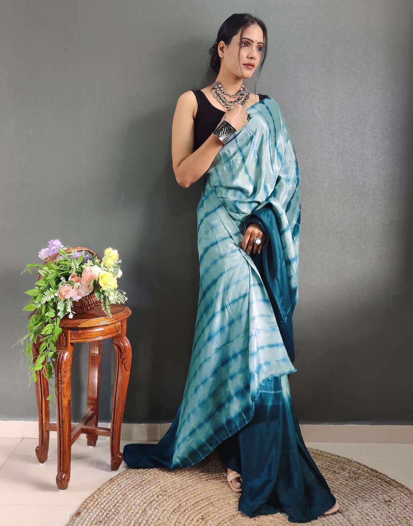 Ready to Wear Mint Grey Printed Silk Saree