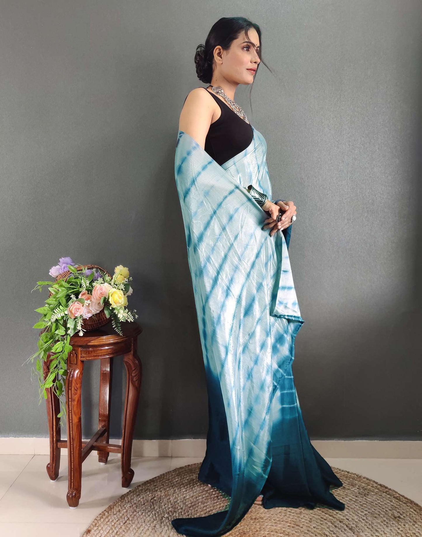 Ready to Wear Mint Grey Printed Silk Saree