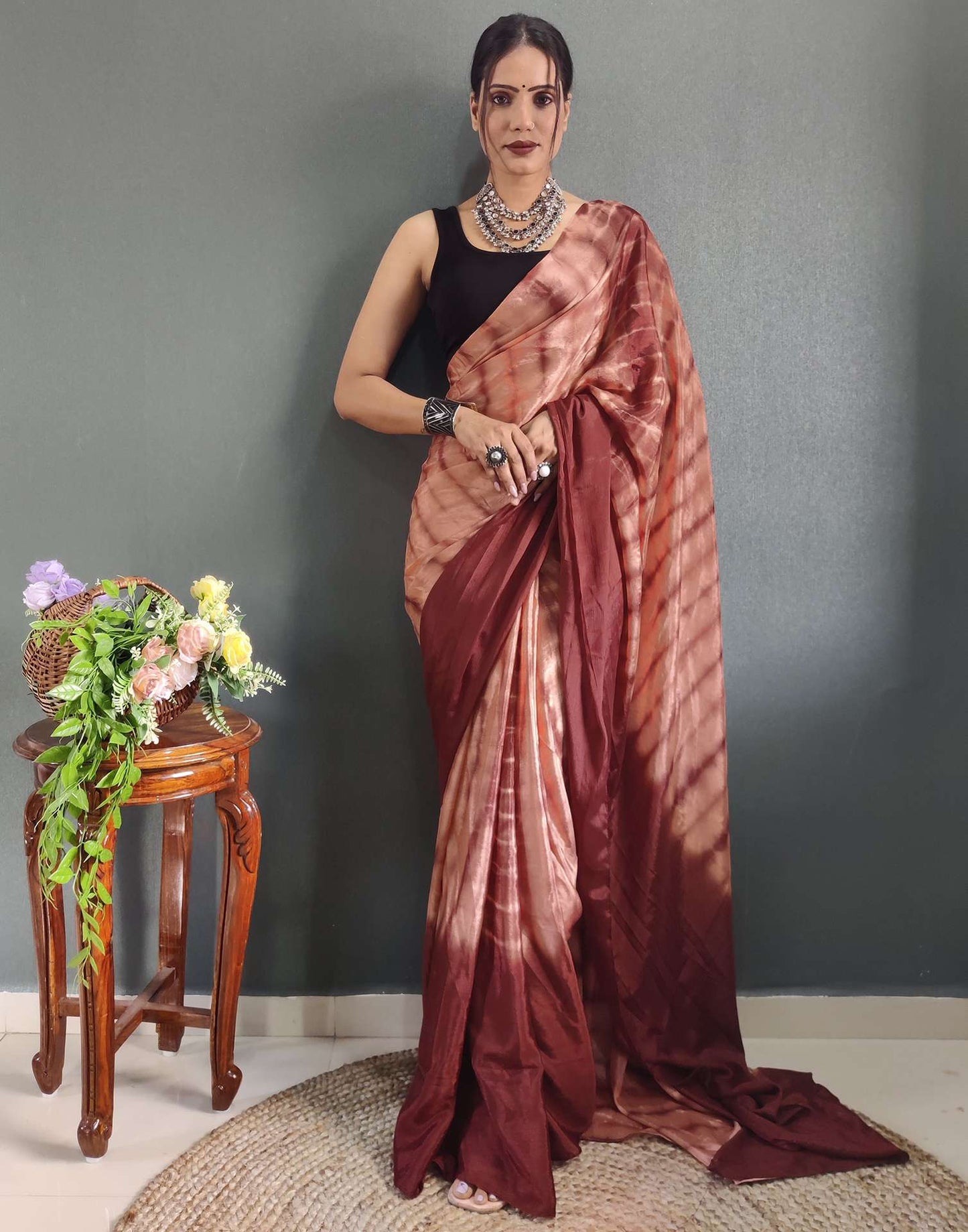 Ready to Wear Dull Peach Printed Silk Saree