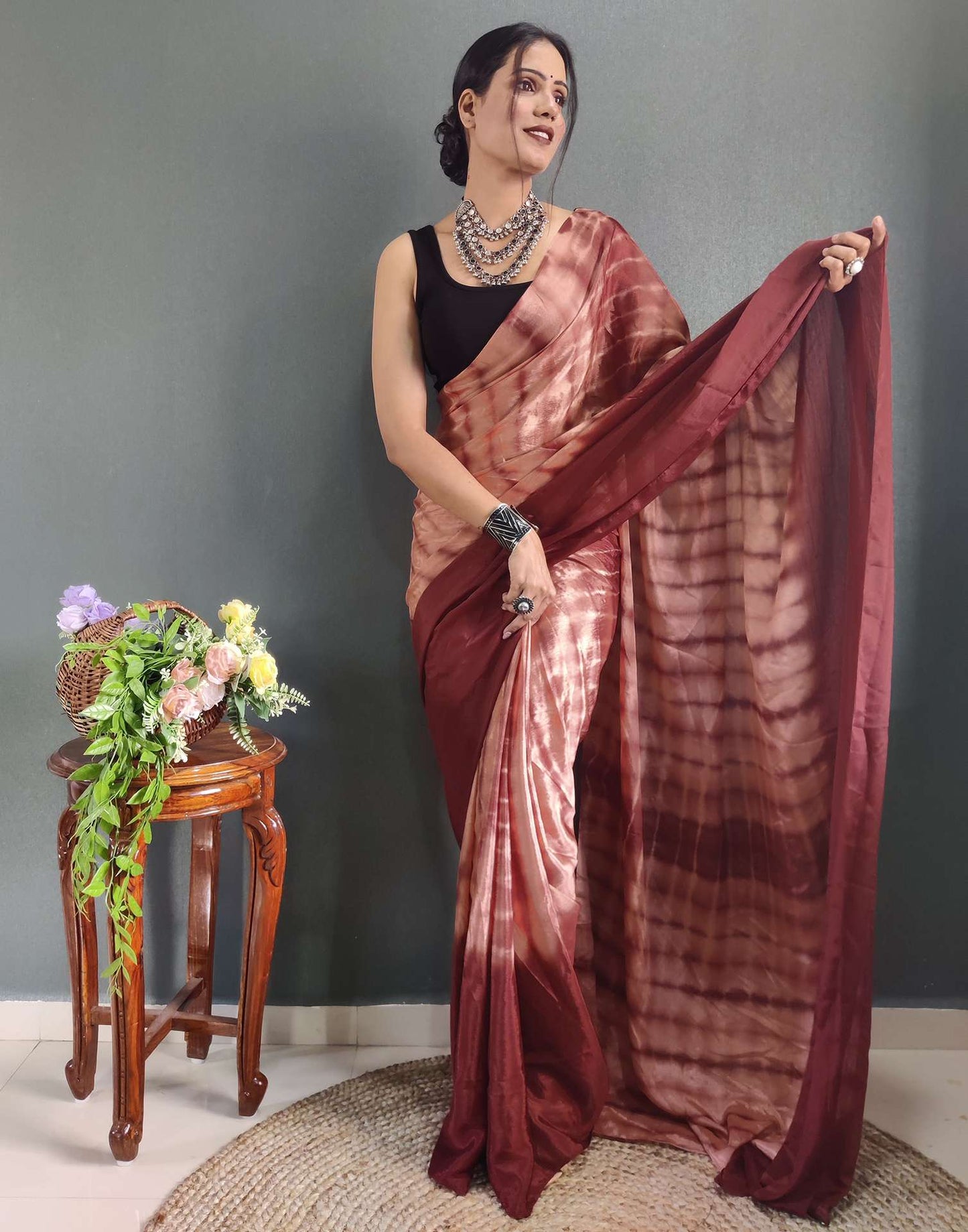 Ready to Wear Dull Peach Printed Silk Saree