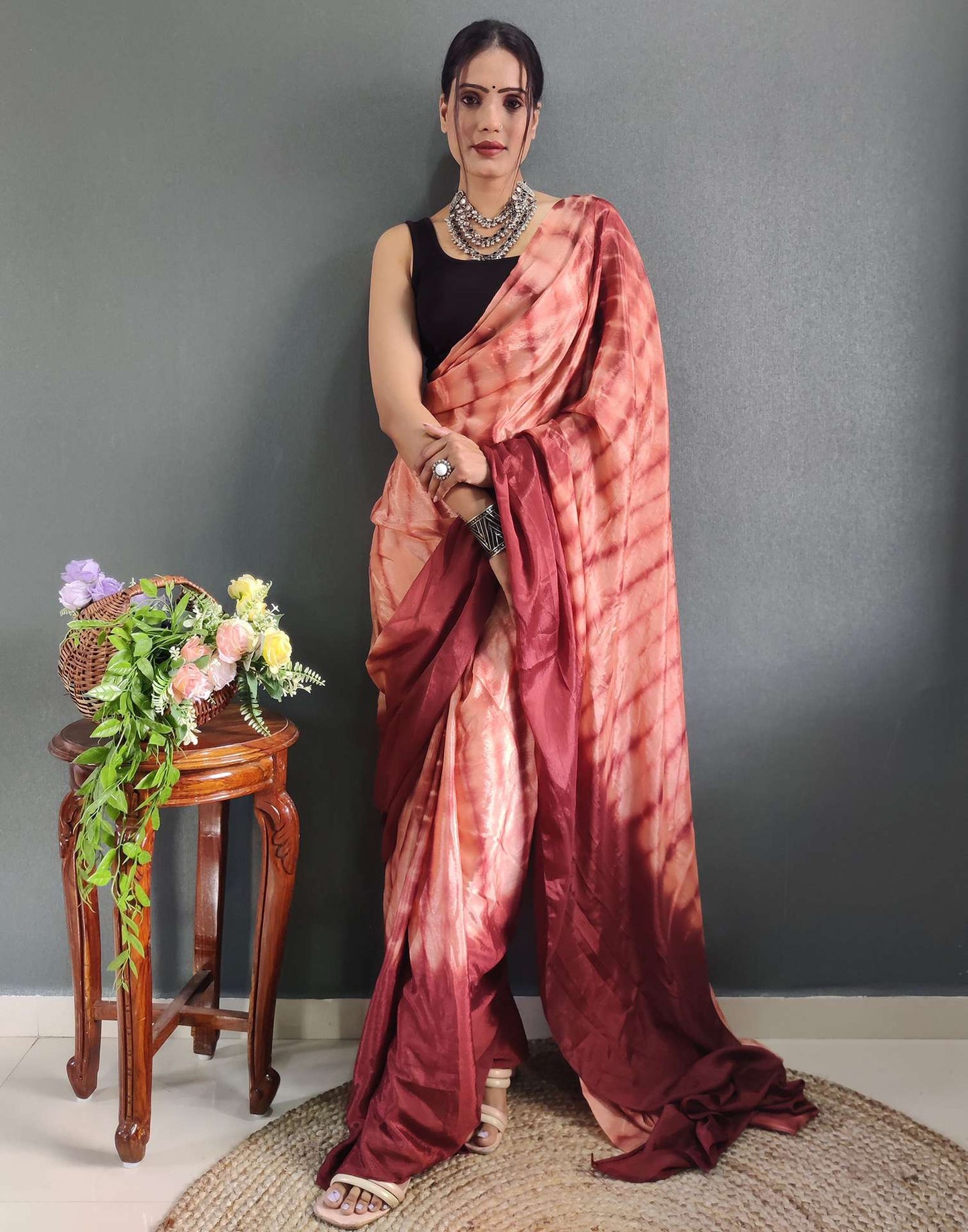 Ready to Wear Dull Peach Printed Silk Saree
