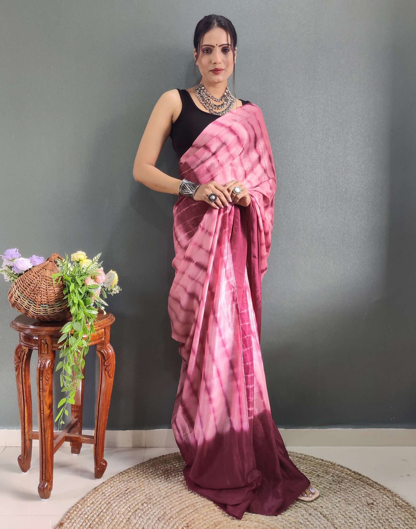 Ready to Wear Light Maroon & pink Printed Silk Saree