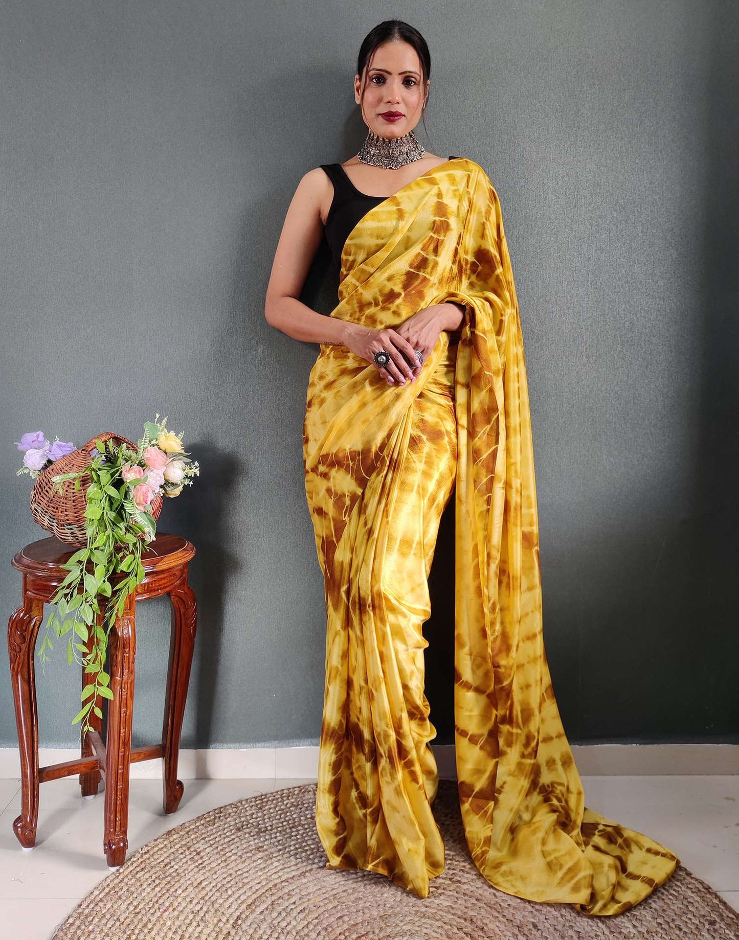 Ready to Wear Yellow Printed Silk Saree