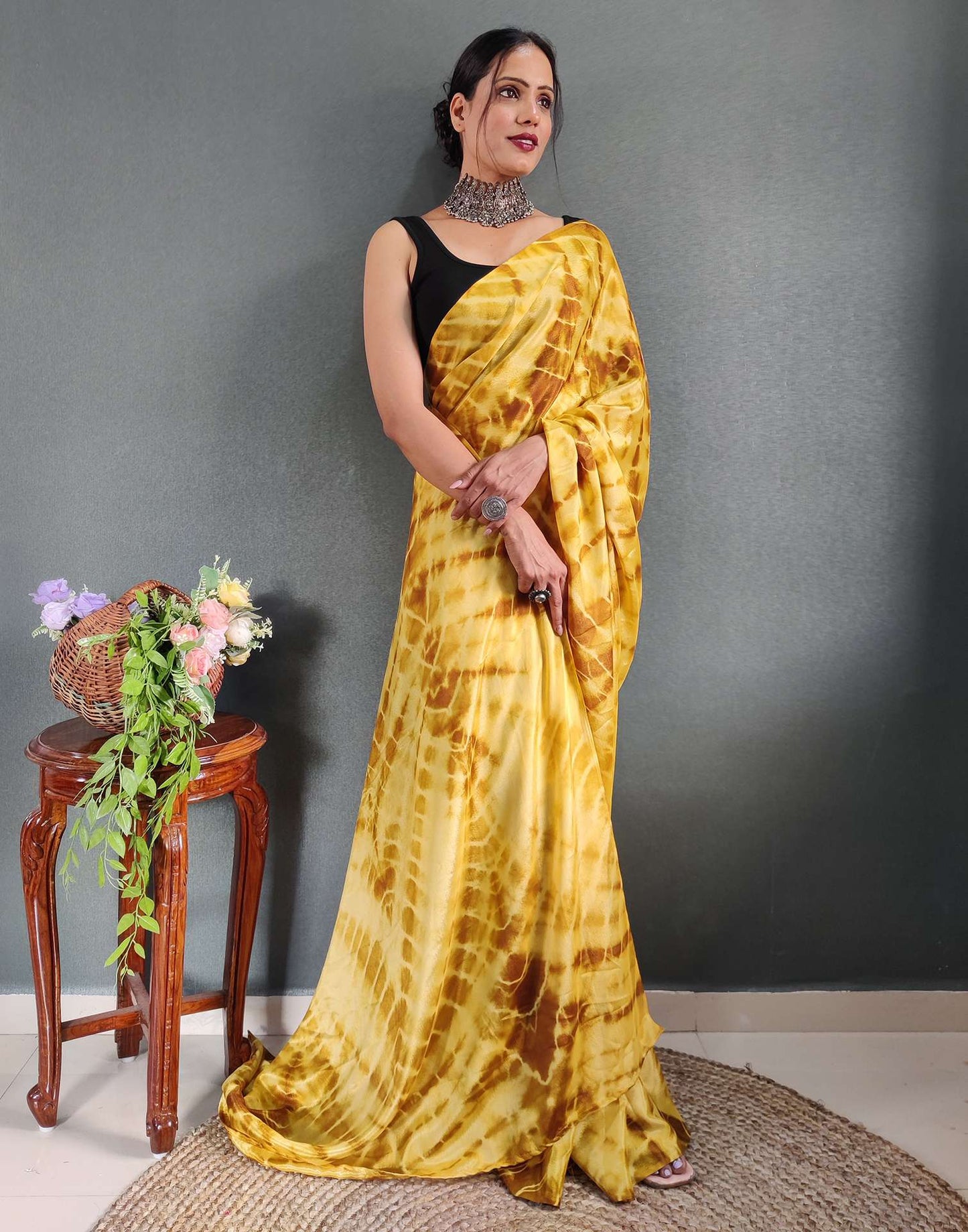 Ready to Wear Yellow Printed Silk Saree